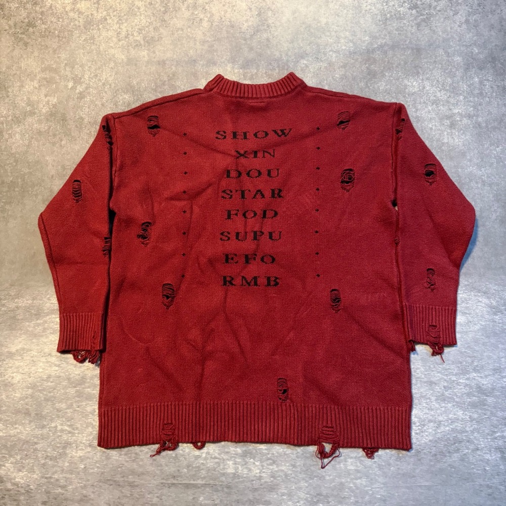 SXD Show Xin Dou Distressed Knit Graphic Sweater Red Mens Large Grim Reaper - Picture 2 of 6
